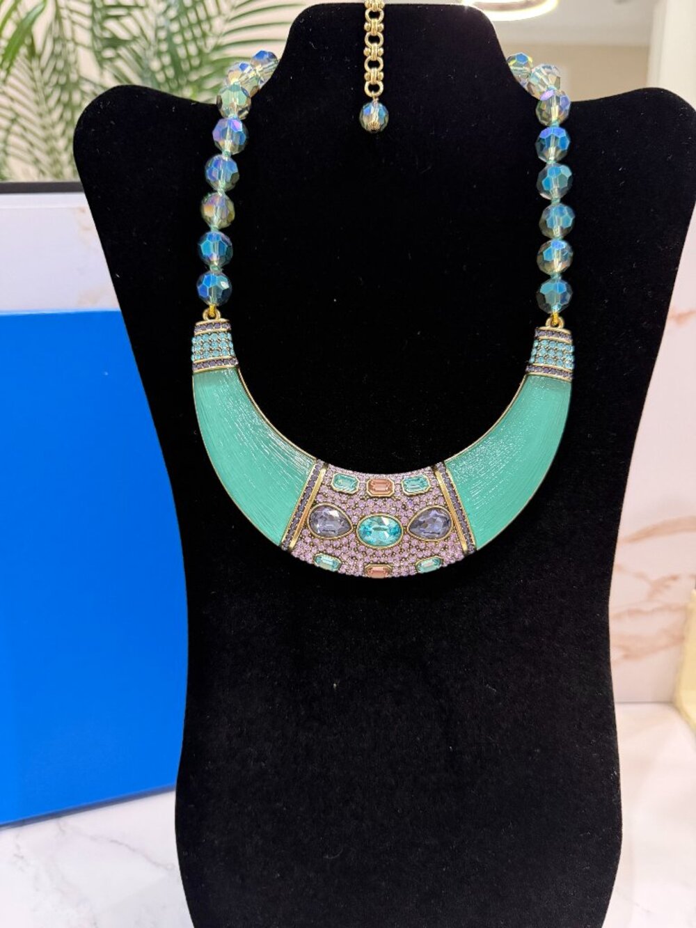 Heidi Daus Say It With Style Green Acrylic Aurora Borealis Crystal Bib Necklace